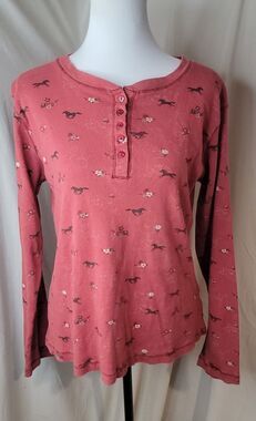 Bit & Bridle Womens Horse Floral Print Henley Top Size Large Western Cottagecore